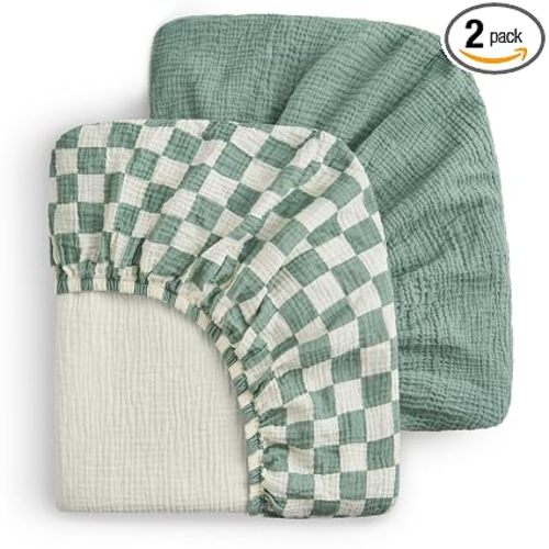 Blissful Diary Muslin Crib Sheets, 2 Pack, Sage Checkboard & Sage Green | fitted for 52''x28'' crib mattress, soft and breathable cotton, boho style, easy care for machine wash, gift for boy and girl
