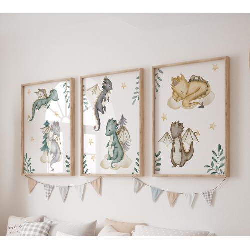 Set of 3 Dragons Prints, Dragon Wall Art Set, Stars Posters, Modern Art, Stars Kids Bedroom Decor, Boy Nursery Decor, Playroom Prints