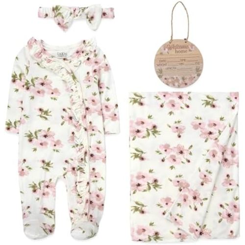 Newborn Baby 4 Piece Coming Home Outfit Gift Set – Footie Sleeper, Blanket, Headband & Ornament for Boys & Girls