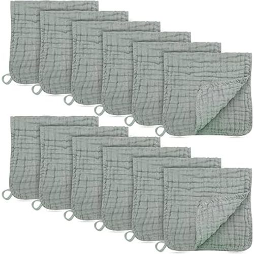 BAMBOO QUEEN 12 Pack Muslin Burp Cloths - Large 20" x 10", Ultra Absorbent 100% Cotton for Baby Drool and Messes - Soft, Gentle Baby Burp Rag for Boys & Girls -Green