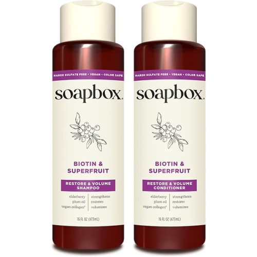 Soapbox Biotin & Superfruit Shampoo & Conditioner Set | Includes Vegan Collagen, Aloe and Shea Butter | Paraben Free, Silicone Free, Harsh Sulfate Free | 16oz (Pack of 2)