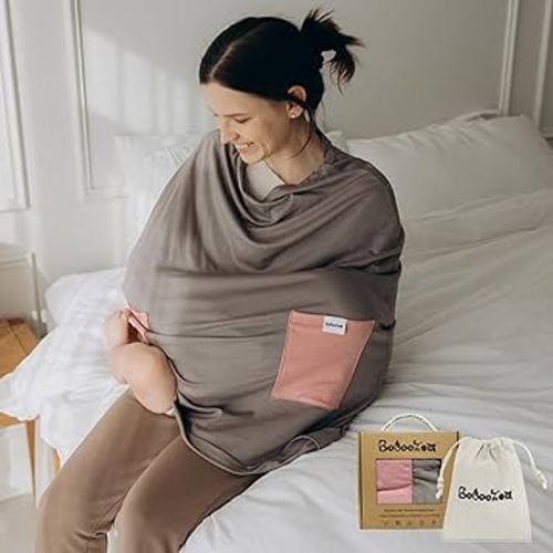 Premium Bamboo Nursing Cover for Breastfeeding 6-in-1 with 2 Pockets, 360 Privacy, Feeding Cover, Soft Breathable Nursing Shawl, Scarf, Stretchable Baby Seat Cover, Poncho (Beige/Pink)