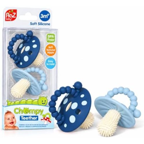RaZbaby Soft Silicone Infant & Baby 3M+ Teether Toy Massaging Bristles Teething Relief Pacifier - Soothes Sore Gums - Hands-Free & Easy-to-Hold Chompy Teether, BPA Free (Power/Dark Blue)