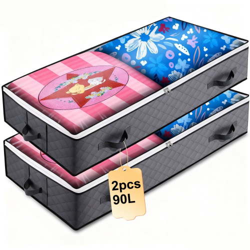 SPORTS JOY 2Pack 90L Under Bed Storage-Bags Closet Organizers and Storage Bins with Clear Window & 4 Reinforced Handles,for Blankets,Comforter,Sweaters,Pillows,Sheets (Gray-39x20x7in)