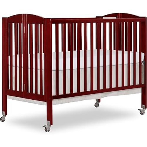 Dream On Me Full-Size 2-in-1 Folding Baby Crib in Cherry GreenGuard Gold & JPMA, Portable, Patented Quick Folding System, Strong Wheels, 2 Adjustable Mattress Heights