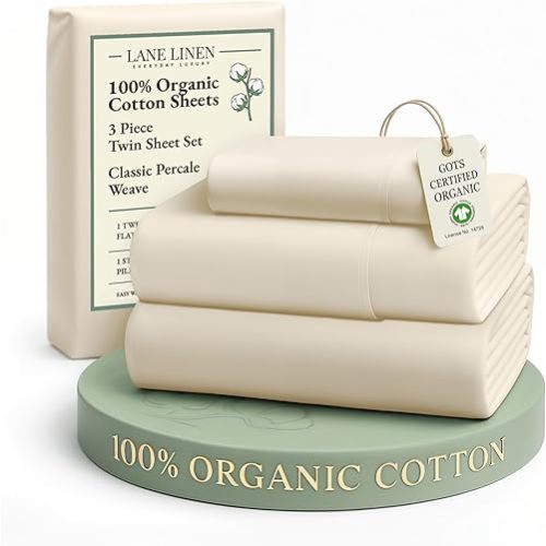 LANE LINEN 100% Organic Cotton Twin Bed Sheet Set, 3 Pc Twin Size Bed Sheets, Soft & Breathable Twin Sheet Set Boys, Hotel Style Bedding Sheets & Pillowcases, 15" Deep Fitted Sheet - Natural