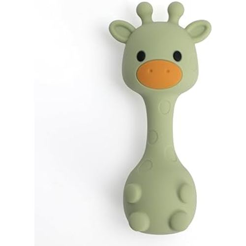 Silicone Teether for Babies, Food Grade Silicone Little Giraffe Shaker Rattle Toy | Easy to Grip | BPA Free (Olive Green)