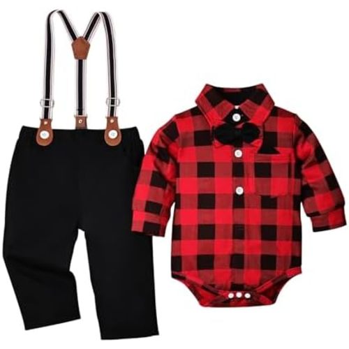 Baby Boy Clothes Gentleman Outfits Infant Bodysuit Long Sleeve Shirt with Bowtie Suspender Pants Suits Set 0-18M
