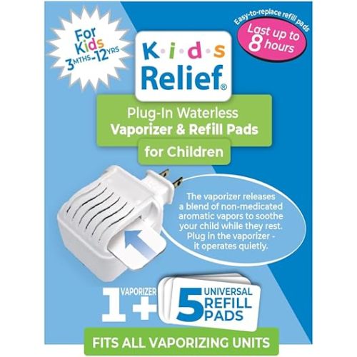 Kids Relief Plug-in Waterless Vaporizer + 5 Soothing Non-Medicated Lavender Menthol Eucalyptus Vapor Refill Pads, 1 ct