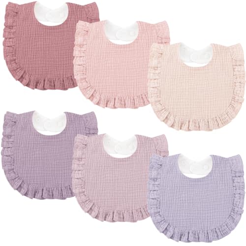 Bearmoss 6 Pack Baby Girl Bibs for Newborn, Muslin Bibs with Ruffle Trim | Soft Absorbent Bandana Bibs for Drooling and Teething, Essentials for Newborns
