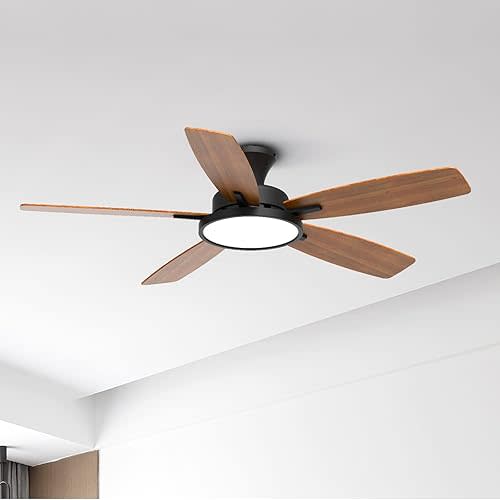 TALOYA 52 inch Ceiling Fans with Lights and Remote, Low Profile Ceiling Fan with Light, Flush Mount, Reversible, 3CCT, Dimmable, Ultra Quiet Black Ceiling Fan for Bedroom Living Room Indoor Outdoor