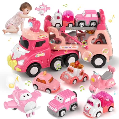 Toddler Girl Truck Toys for 1 2 3 Year Old Girl Birthday Gifts, 7-in-1 Pink Princess Car Transport Carrier Trucks for Toddlers 1-3, Friction Power Toy Cars with Lights & Music, My daughter First Gift