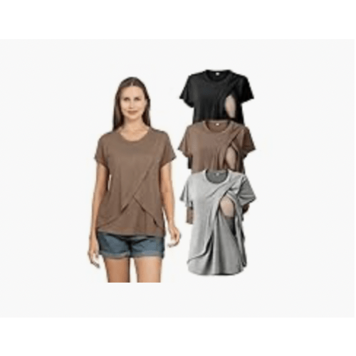 Rnxrbb 3 Pack Women's Nursing Tops for Breastfeeding Summer Short Sleeve T Shirts Postpartum Double Layer Clothes