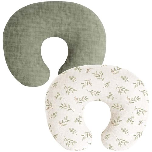 Muslin Nursing Pillow Covers, 2 Pack, Soft & Adorable Slipcovers with Zipper Closure, 100% Cotton Covers for Breastfeeding Pillows (Twig, Grayish Green)