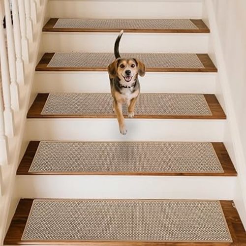 Linen Stair Treads for Wooden Steps Indoor 30x8 inch, 15pcs Upgraded Self Adhesive Backing Non Slip Stair Carpets, Peel and Stick Stair Runner Rugs, Reusable Staircase Step Treads(Beige)