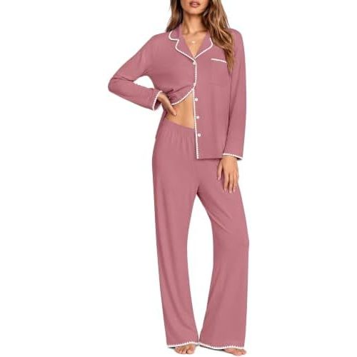 Ekouaer Pajamas for Women Set Long Sleeve Lounge Set Soft Button Down Pjs