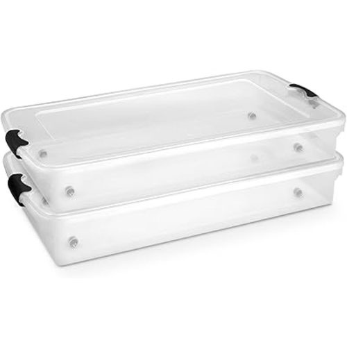 HOMZ 2-Pack Under Bed Storage, Clear Plastic Containers with Lids, 60 Quart, Gray Latch - Stackable Underbed Organizer Bins for Shoes, Bags, Clothes, and Towels