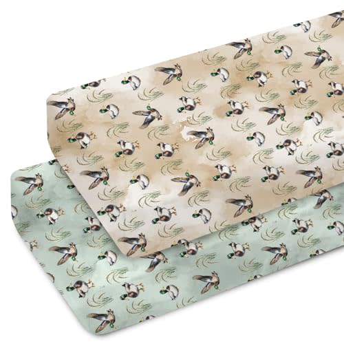 Vintage Mallard Duck Baby Crib Sheets for Boy Girl 52x28Inch Hunting Duck Green Leaves Soft Snug Fitted Crib Mattress Cover Wild Ducks Baby Sheet for Standard Crib & Toddler Mattress Pad 2 Pack