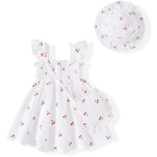 Vibebox Baby Girl Ruffle Sleeveless Dresses Newborn Girls Summer Button Dress Birthday Gifts Clothes with Cute Hat and Bag