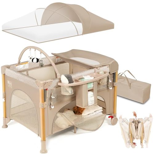 Baby Bassinet Bedside Crib for Travel with One-Hand Setup 5-in-1 Foldable Baby Playpen, Portable Pack and Play with Bassinet,Diaper Changer & Adjustable Mattress for Newborn to Toddler (Khaki)