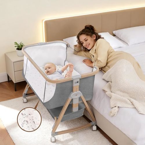 Baby Bassinet Bedside Sleeper with Waterproof Bassinet Crib Sheet and Soft Mattress, 6 Adjustable Height Bedside Bassinets with Wheels, Khaki | Sturdy and safe, Easy to move, Breathable material, soft mattress, bedside sleeper, bassinet on wheels