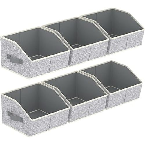 Storage Bins for Shelves - Small Trapezoid Closet Shelf Organizer, Fabric Organization Bins with Handles, Storage Baskets for Clothes, Towel, Purse, 6 Pack, Light Gray