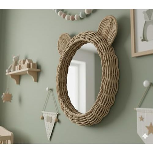 Montessori Rattan Bear Mirror – Handmade Natural Woven Nursery Wall Decor | Cute Baby Bear Shape Eco-Friendly Kids Room Mirror (Small)
