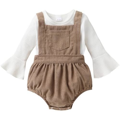 Newborn Baby Girl Clothes Bell Sleeve Romper and Corduroy Overalls Shorts Infant Girl Fall Outfits
