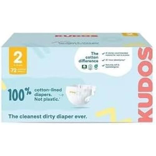 Kudos Chlorine Free Premium Diapers, 100% Cotton-Lined, Size 2, 6-16 lbs, 72 Count