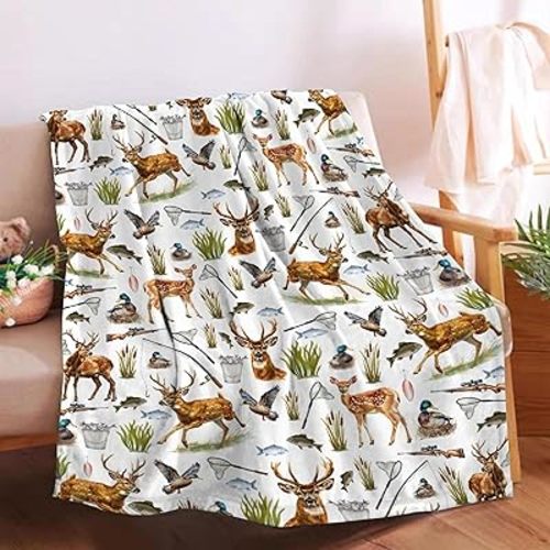 Deer Hunting Outdoor Adventure Art Decor Blanket - Rustic Deer Fish Mallard Duck Gear Hunting Nature Gifts for Boys Men Hunters Sportsmen - 50"x40" Soft Throw Sheets for Nap Lap Couch Travel Camping