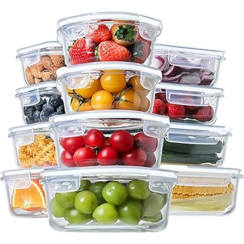 HOMBERKING 24pc Glass Food Storage Containers with Lids, Glass Meal Prep Containers, Airtight Glass Bento Boxes, BPA Free & Leak Proof, Pantry Kitchen Storage(12 lids & 12 Containers) - White