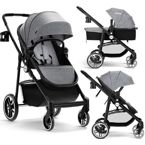 INFANS 2 in 1 Baby Stroller, High Landscape Infant Stroller & Reversible Bassinet Pram, Foldable Pushchair with Adjustable Canopy, Cup Holder, Storage Basket, Suspension Wheels (Grey)