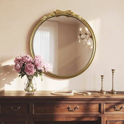 Large Gold Round Bow Wall Mirror, Vintage Gold, 28"x28"