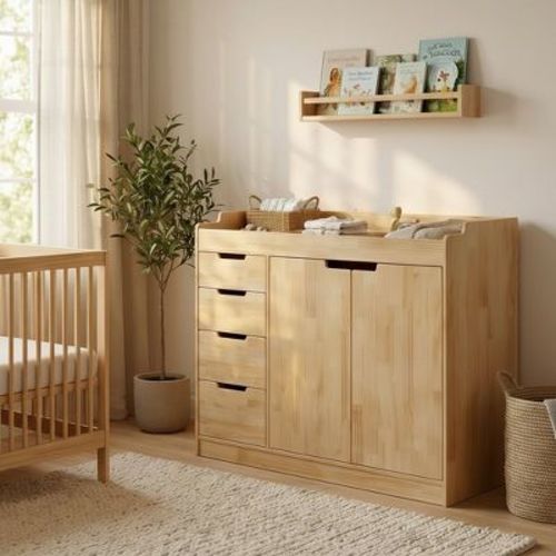 Famapy Solid Wood Baby Changing Table with Guardrail Top 4 Slide Drawers,Multi-Purpose Nursery Diaper & Clothes Storage Dresser