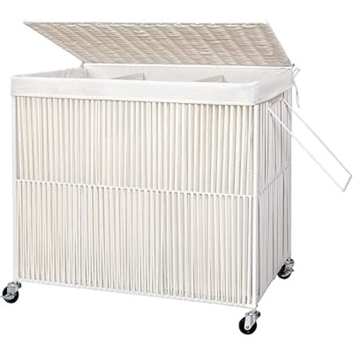WOWLIVE Laundry Hamper with Wheels, 160L Handwoven Rolling Laundry Basket 3 Section with Lid, Clothes Hamper with 3 Removable Liner Bags, Large Laundry Sorter Laundry Room Organization, Creamy White