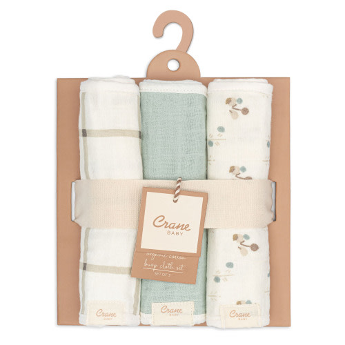 Avery 3-pc. Organic Cotton Newborn Burp Cloth Set (Poppy) - Crane Baby