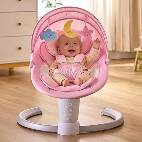 HARPPA Weddell Electric Baby Swing for Infants, 5-Point Harness, 5 Motion Levels, Remote & Touch Control, Built-in Melodies, Portable Baby Swing for Indoor Use,Light Pink