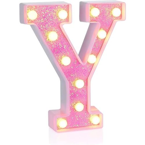 Foaky Pink Light up Letters,Pink Party Decorations,Girls Room Decor,Glitter Light Up Letters,Alphabet Letter Sign for Night Light Birthday Party Girls Gifts, Home Bar Decoration(Y)