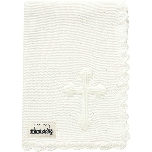 mimixiong Baby Christening Blanket Cotton Soft Knit with Stitching Cross Swaddle Blanket for Nursery Swaddling Baptism Gift Off White 30x40 Inch