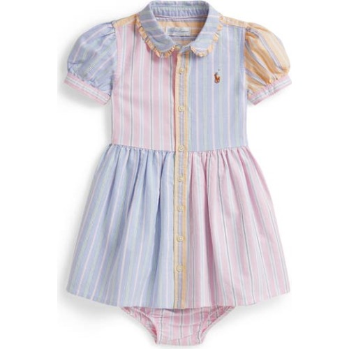 Oxford Stripe Cotton Piqué Shirtdress & Bloomers, 3M
