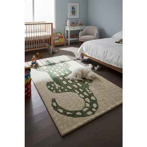 RUG BARN Playful Alligator Hand-Tufted 100% Wool Area Rug - 5x8 Ft, Rectangular Green Animal Design with Cotton Backing, Plush Dense Pile Accent Carpet for Nursery, Kids Bedroom & Playroom