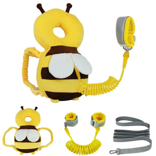 Baby Head Protector Backpack with Toddler Leash, Anti Lost Wrist Link, Adjustable Toddler Head Protection Backpack, 3 in 1 Cute Baby Fall Back Head Protector for Crawling Walking Gifts(Yellow Bee)