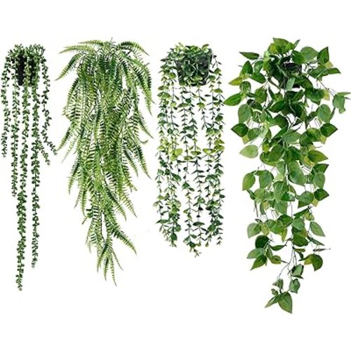Sggvecsy Fake Hanging Plants 4 Pack Artificial Hanging Plants Fake Potted Greenery Faux Eucalyptus Vine String of Pearls Boston Fern Ivy Vine Leaves for Home Indoor Outdoor Shelf Wall Garden Decor