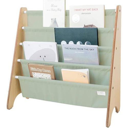 3 Sprouts Recycled Fabric Kids Bookshelf – 4-Tier Sling Book Rack Organizer - Nursery Room Playroom Classroom Wooden Book Shelves - Kid Bookcase Wood Storage Shelf for Toddler Age 3+ - Solid Green