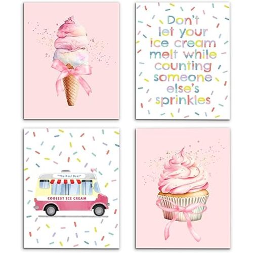 VIIJJUE Pink Girl Nursery Wall Decor, Coquette Bow Sprinkle Ice Cream Cake Wall Art Prints Set of 4, Baby Girl Nursery Posters Wall Art Decor for Girls Room Bedroom Playroom, 8x10 Inches Unframed