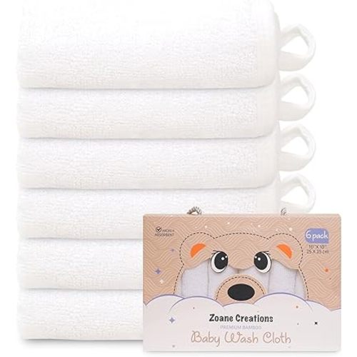 Zoane Creations Premium Baby Wash Cloths for Babies – Ultra-Soft, Highly Absorbent, 500 GSM, 10x10 in, Pack of 6, Baby washcloths for Newborns and Toddlers (White)