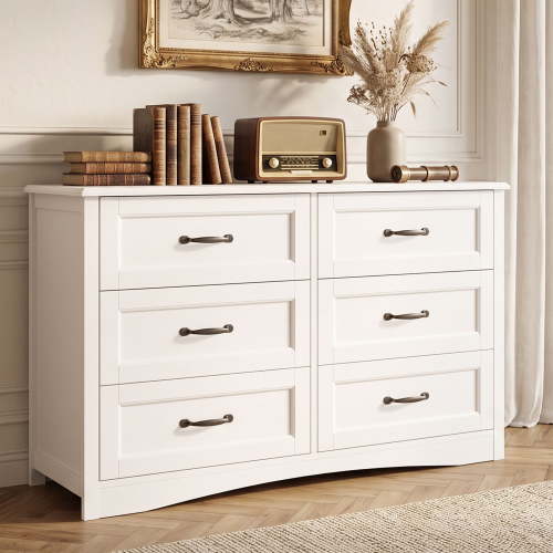 Dresser for Bedroom, Asofer 6-Drawer White Dresser with Metal Handle, Chest of Drawers for Living Room