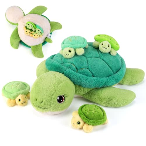 gnomantic Turtle Stuffed Animals with Babies Inside, Mommy Toy for Kids | 5-Piece set: 1 mommy turtle + 4 baby turtles inside. Unzip belly to reveal surprise babies. Ultra-soft, ages 3-8.