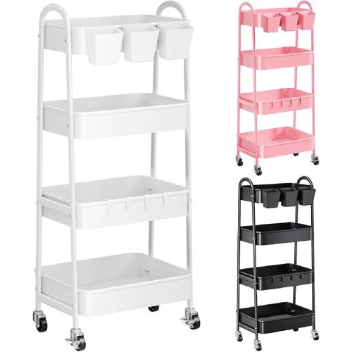 White 4 Tier Rolling Cart Metal with Wheels, Heavy Duty Utility Storage Organizer Carts on Wheels, Four Tiered Roller Cart for Kitchen, Book, Snack, Craft, Art, Dorm, Large Capacity Basket, 38in Tall