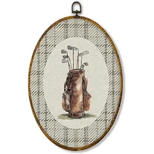 Hiuwevt Vintage Golf Nursery Oval Wall Art Decor, Sports Framed Canvas Prints, Neutral Gingham Golf Bag Oval Wall Hanging Decor for Kids Boy Nursery Room Bedroom Playroom Decorations, 8.6x11.4 Inches